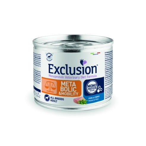 Exclusion Monoprotein Veterinary Diet Formula Metabolic&Mobility Cibo Umido Maiale  Fibre Per Cani Lattina 200g Exclusion Monoprotein Veterinary Diet Formula Metabolic&Mobility Cibo Umido Maiale  Fibre Per Cani Lattina 200g